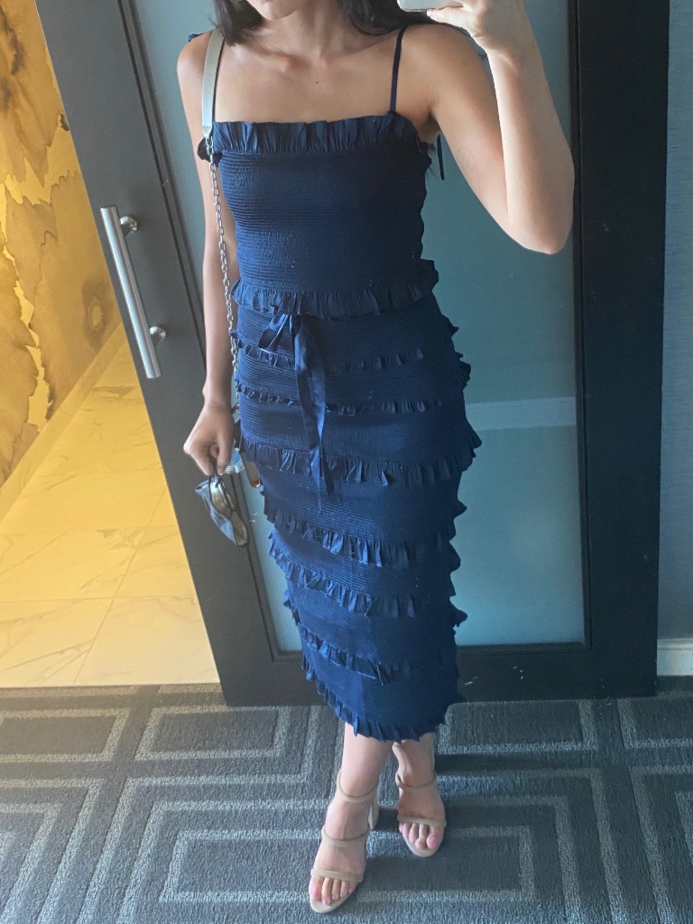 V. Chapman Lily Ruched & Ruffled Stretch Satin Midi Dress - Navy - Size 0